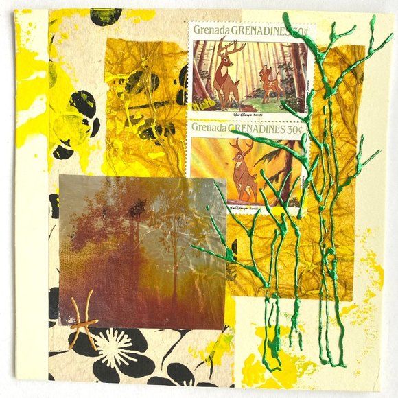 Forest Majestic - Original Wall Art Mixed Media Collage Painting 6"x6" - Picture 2 of 8